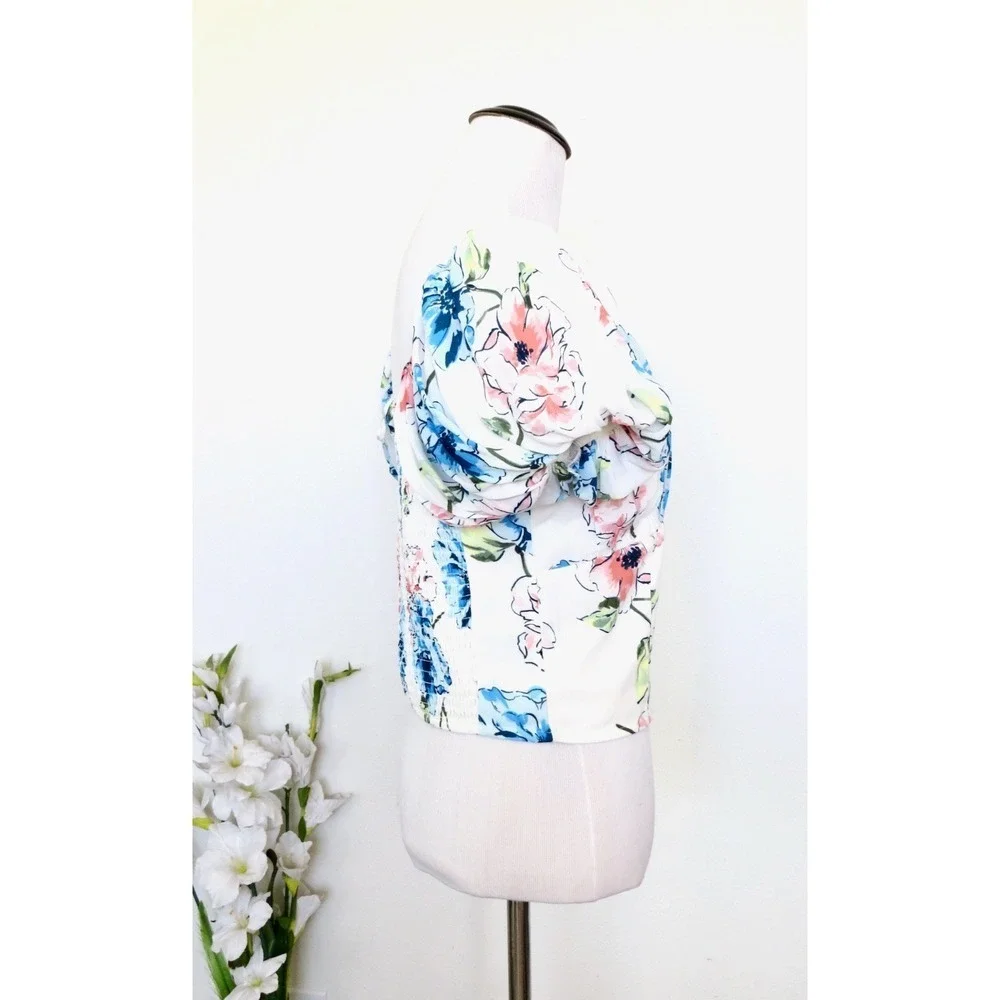NEW! Abercrombie & Fitch Floral Puff Sleeve Ruched Top Blouse SZ M